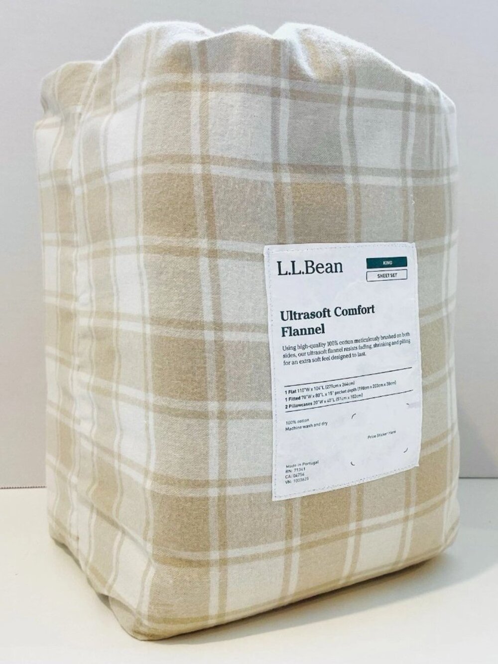 L.L. Bean Ultrasoft Comfort Flannel KING Sheet Set in Driftwood/Bone Plaid NEW